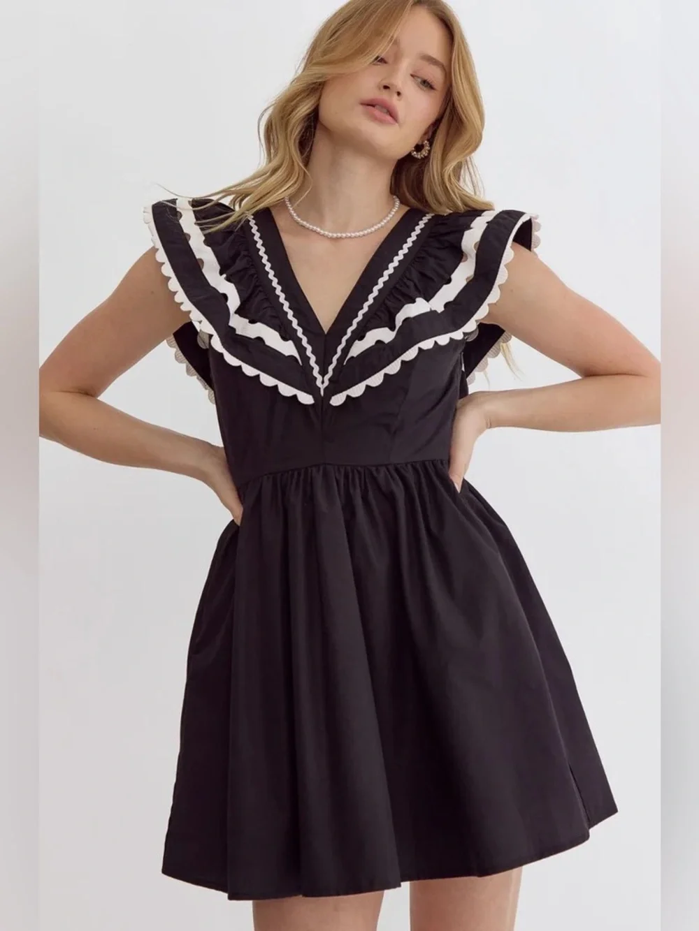 ENTRO Ric Rac Ruffle Mini Dress Black White Size Large NWT - Picture 2 of 15